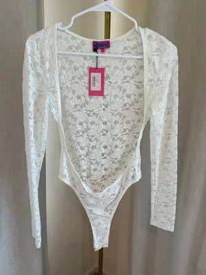 Edikted NWT Zoey Two Piece Bodysuit Women's Large White Sheer Lace Long Sleeve thumbnail 1