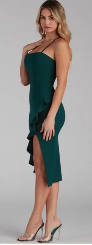 NWT Windsor Green Ruffle Midi Dress thumbnail 1