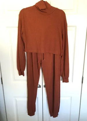 Rust Orange Ribbed Cropped Sweatshirt and Jogger Set Size M Size M thumbnail 1