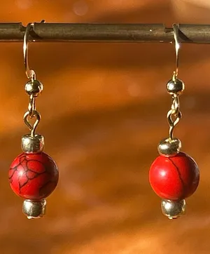 Handmade Gold-Tone Red Bead Dangle Earrings thumbnail 1