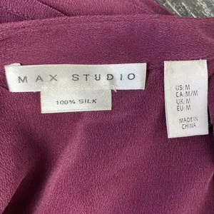 100% Silk Max Studio Burgundy Button Close Long Sleeve Colarless Blouse Top M thumbnail 5