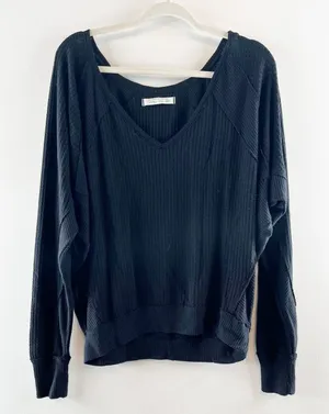 Free People Santa Clara Thermal Waffle Long Sleeve V Neck Top Shirt Black Small thumbnail 1