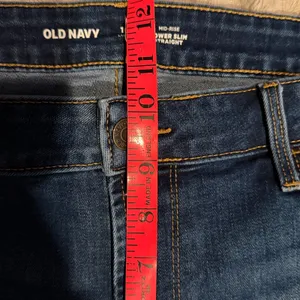 Old Navy Power Slim Straight Mid-Rise Distressed Jeans Blue Size 16 Long thumbnail 5