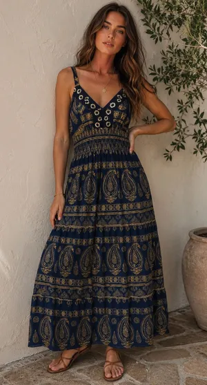Me 2 Magic Navy Gold Sequin Paisley Smocked Boho Festival Maxi Dress thumbnail 1