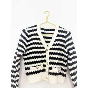 Anthropologie Line + Dot Laurel Cropped Knit Cardigan Size Small Black Striped thumbnail 5