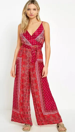 Free People Cabbage Rose Red pink Wide-Leg Wrap Jumpsuit size 0 paisley FLAWS thumbnail 1