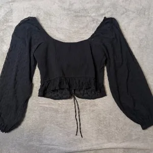 Hollister Milkmaid Black Smocked Crop Top Sheer Sleeve Peplum Size L Fairy thumbnail 2