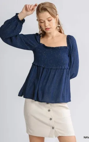 NWT Umgee Blue with Gold Metallic Stripes Smocked Babydoll Top Celestial Boho L thumbnail 1