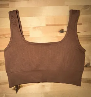 Brown Ribbed Scoop Neck Crop Sports Bra thumbnail 1