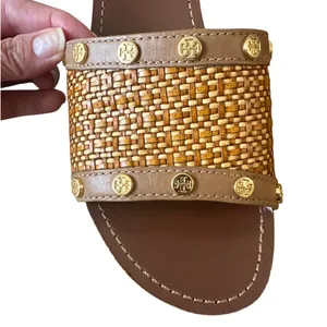 Tory Burch Joanie Straw Wedge Slides Tan‎ Studded 9.5 Boho thumbnail 10