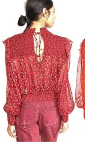 FREE‎ PEOPLE Size Large Roma Floral Smocked Top Ruffle Sheer Balloon Sleeve Top thumbnail 1