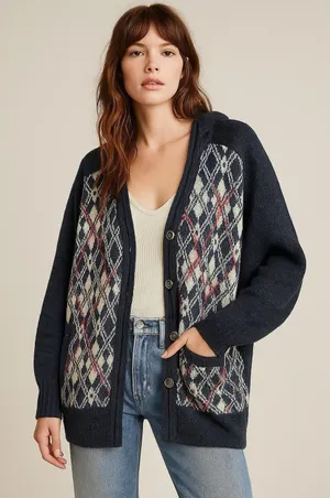 Free People Foxtrot Argyle Knit Cardigan Sweater Women's L Wool Blend‎ Preppy thumbnail 1