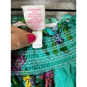 Vintage Tropical Floral Maxi Skirt Teal Smocked Waist Boho Cottagecore Cotton SM thumbnail 7