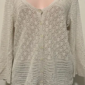 Lucky Brand crochet cardigan woman size XL button up v neck tan cream color thumbnail 2
