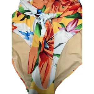 Palms Away Floral One Piece‎ Swimsuit Womens XS Yellow Tropical Tie Front NEW thumbnail 3