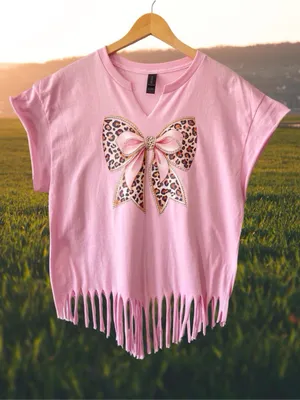 Handmade Pink Leopard Bow Fringe Graphic Tee L homemade thumbnail 3