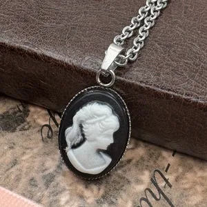 Black White Cameo Necklace Vintage Gothic Pendant 18” Chain thumbnail 5