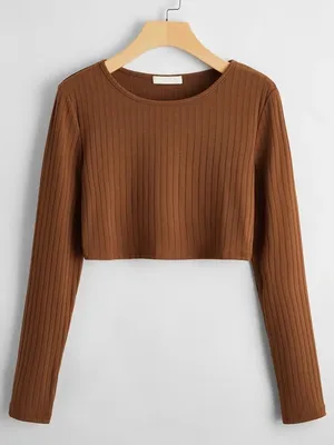 Brown Ribbed Crop Top thumbnail 1
