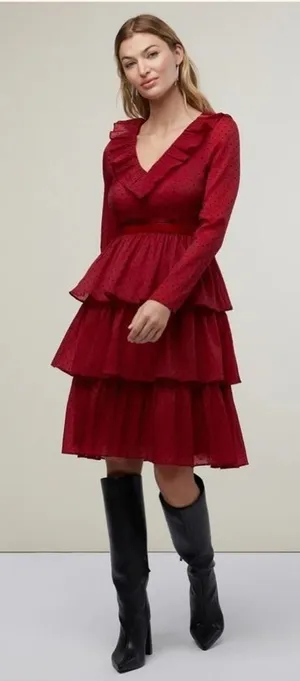 Rachel parcell Women's Red‎ Black Polka Dot Long Sleeve Tiered Ruffle Dress 8 thumbnail 1