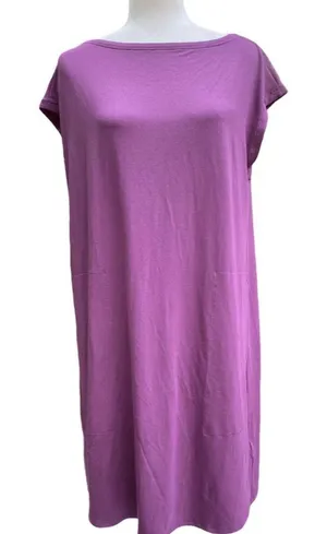 Eileen Fisher Twist Back Bateau Neck Purple Jersey Tunic Shift Midi Dress Sz M thumbnail 1