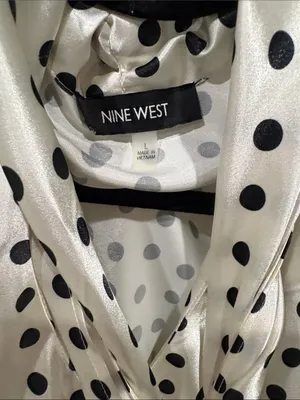 Nine West Black and White Polka Dot Satin Blouse with Tie Neck Size L thumbnail 2