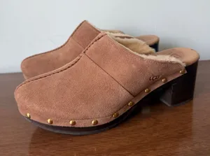 Ugg 7 Womens Chestnut Suede Leather Sherpa Lined Studded Slip On Mule Clog thumbnail 1
