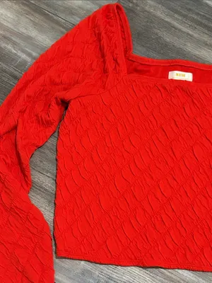 ANTHROPOLOGIE Maeve‎ Popcorn Long Sleeve Square Neck Red Tee Large thumbnail 6