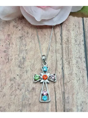 925 Sterling Silver Box Chain Pendant Necklace Dainty 30" Colorful Crystal Cross thumbnail 2