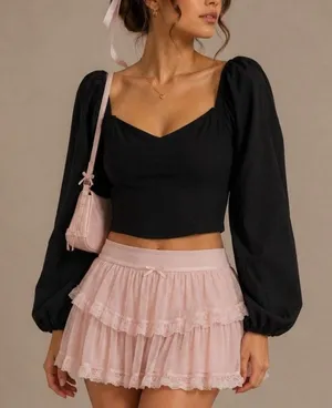 Abercrombie Womens Balloon Sleeve Crop Top Size M Black Coquette Romantic Dainty thumbnail 1