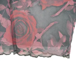 Cosmic Aura Red Rose Floral Mesh Crop Top Lace Trim Bell Sleeve Y2K Gothic Sheer thumbnail 5