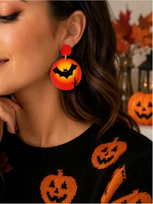 NEW Halloween Bat Orange Acrylic Dangle Earrings Spooky Fall thumbnail 5