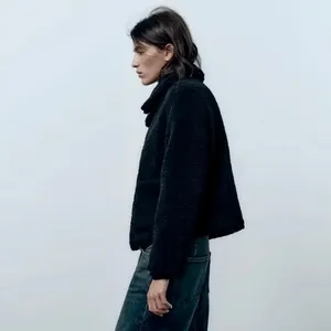 ZARA Black Sherpa Fuzzy Fleece Teddy‎ Coat Faux Shearling Snaps Pockets Small thumbnail 5