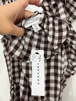 New Topshop Size 8 Brown Gingham Ruffle Sleeve Sash Dress NWT thumbnail 5