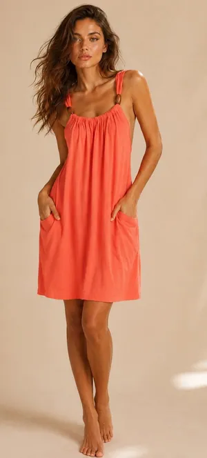 Portocruz Coral‎ Sleeveless Mini Dress Pockets Resort Beach Cover Up Vaca Boho M thumbnail 1