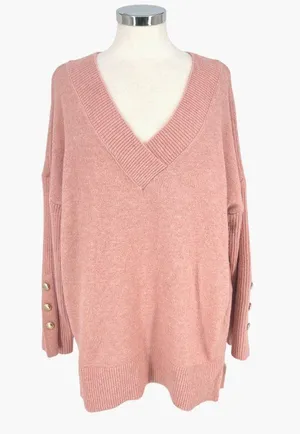River Island V-Neck Oversized Sweater Gold Button Preppy Soft Girl Pink Large thumbnail 1