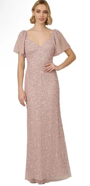 ADRIANNA PAPELL Pink Beaded Mesh Maxi Dress Size 6 Maxi thumbnail 1