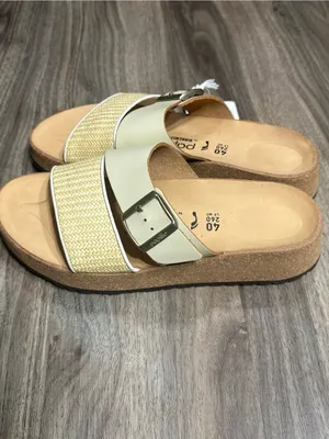 Birkenstock Women’s Two-Band Slide Sandals in Cream and Natural Woven thumbnail 2