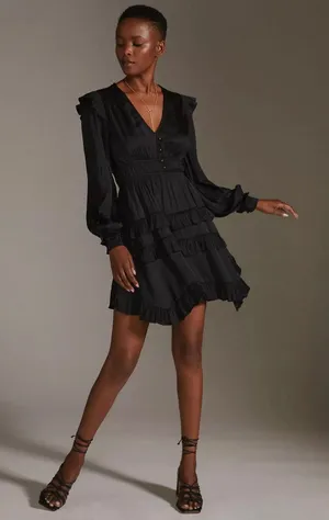 By Anthropologie Tiered Ruffled Mini Dress‎ Small Black Satin Long Sleeve thumbnail 1