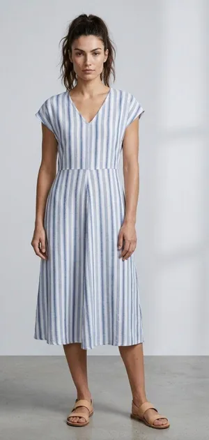 CROFT & BARROW Blue and White Striped Midi Dress Sz S thumbnail 1