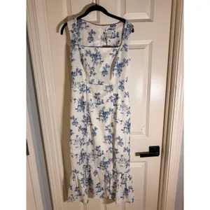 Rihoas Blue White Toile Floral Square Neck Ruffle Hem Midi Dress XS NWT thumbnail 4