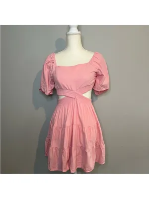 Shy Velvet Dress Womens L Crossover Cut Out‎ Waist Mini Summer Square Neck Pink thumbnail 5