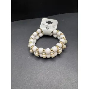 New! Golden Stella White Bead Faux Pearl Rhinestone Stretch Bracelet thumbnail 2