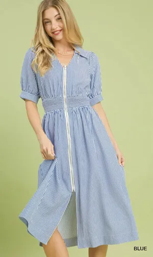 Umgee Striped Midi Dress with Front Zipper - Blue‎ - Medium thumbnail 1