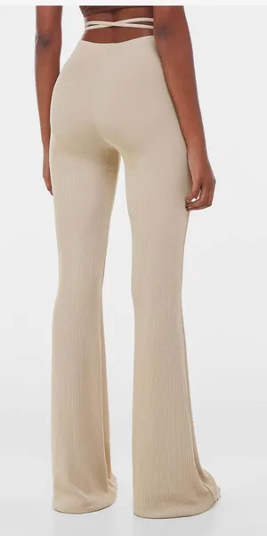 Bershka Wrap Around Flare Pants In Beige thumbnail 3