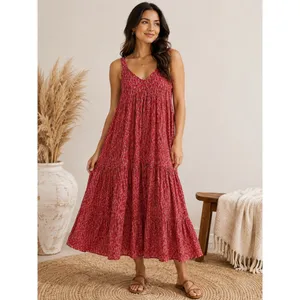 Joie Red Pink Abstract Print Cotton Tiered Maxi Dress Sleeveless V-Neck XL thumbnail 3