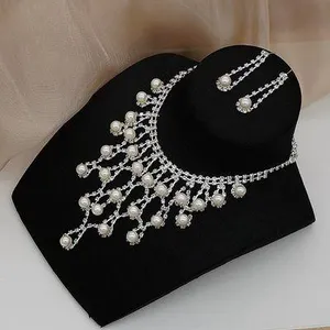 Bridal Wedding Jewelry Set Crystal Pearl Bridesmaid Party Necklace Drop Dangle Earrings Set thumbnail 3