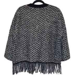 LOFT Wool Blend Fringe Cardigan Black White Open‎ Front Poncho Style Sweater Med thumbnail 5