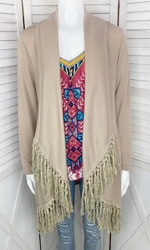 Boho‎ Fringe Hem Waterfall Cardigan Knit Khaki Tan Small Open Front Long Sleeve thumbnail 1