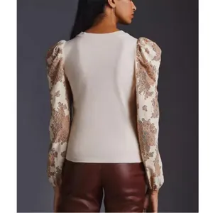 Anthropologie Dolan Lace Puff-Sleeve Top Sz S tan‎ thumbnail 3