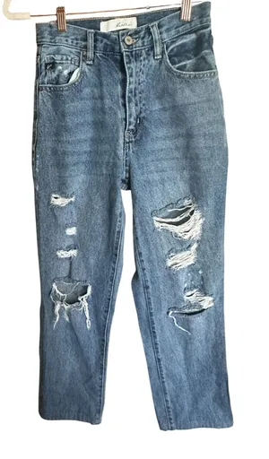 Kancan High Rise Distressed Straight Leg Jeans Blue 1/24 Boho Grunge thumbnail 1